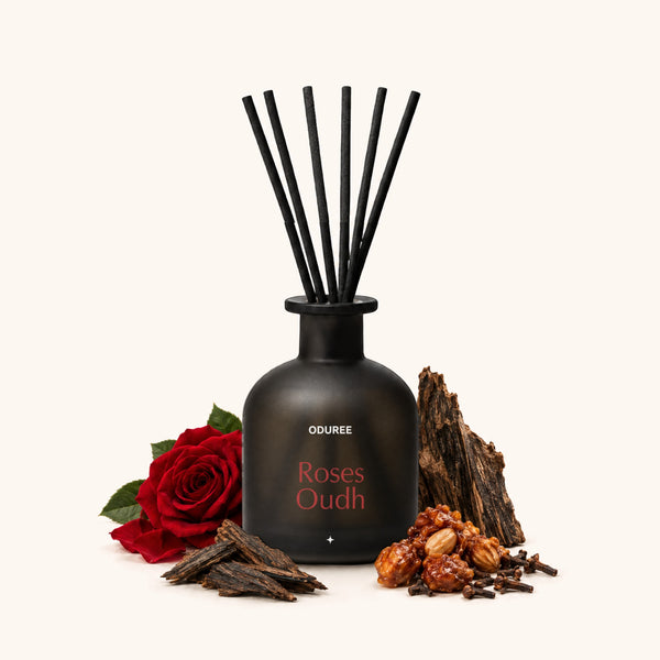 Oduree Geurstokjes 250 ML Roses Oudh met de geurnoten roos, oud, praline en kruidnagel